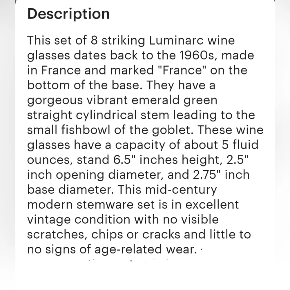 Vintage Luminarc Emerald Green MCM Stemmed Wine Glasses Set of 6
